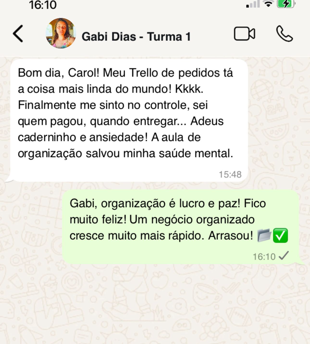Print de depoimento de aluna no WhatsApp 1